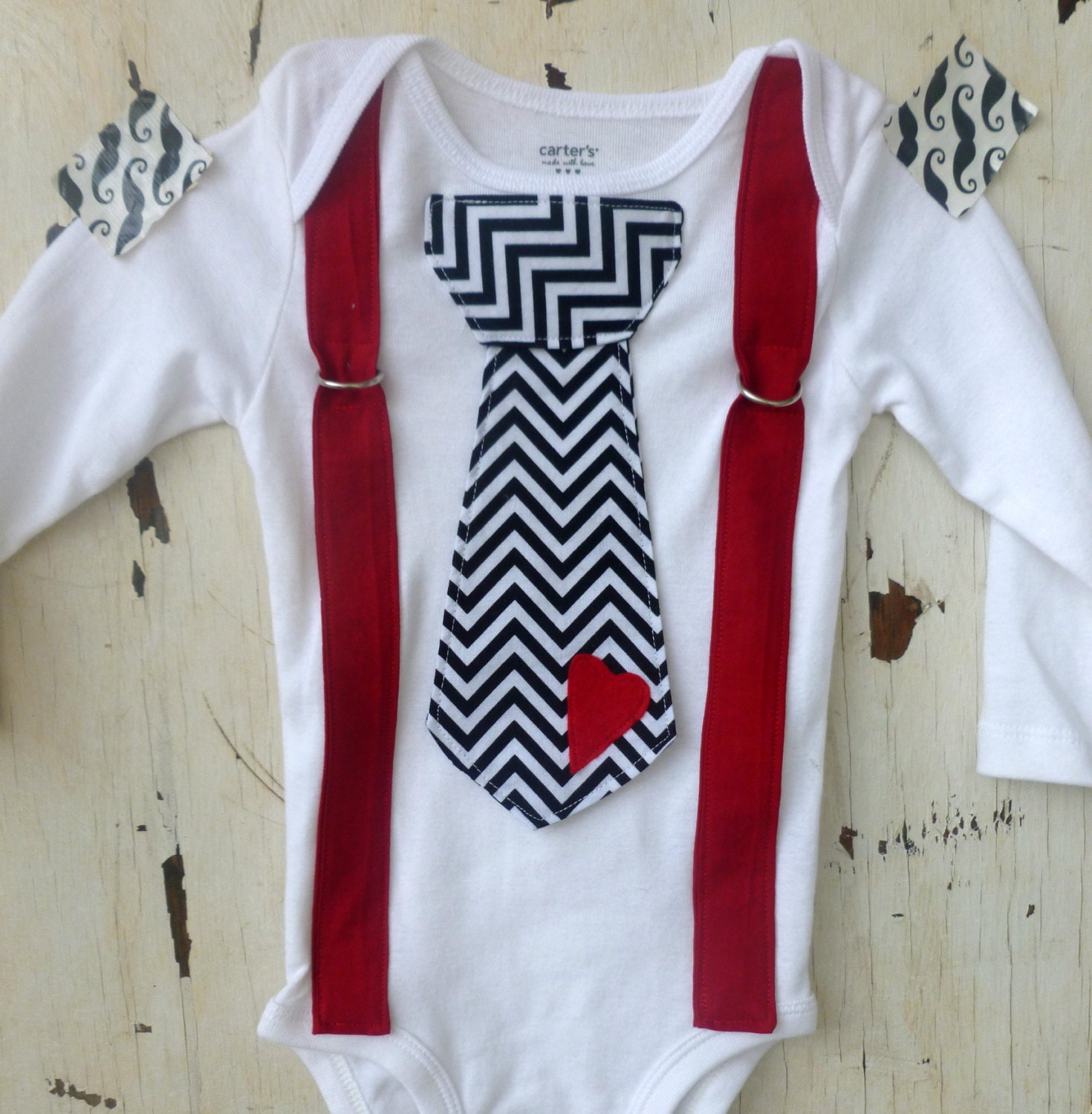 Boy Heart Onesie with Tie and Suspenders - Photo Prop - Infant Onesie - Holiday Shirt