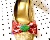 Pleather Metallic Pink Shoe Clip-On Bows w. Blue Green AB Applique