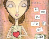 Mixed Media Art: Intuitive Girl 8x10 print - Whimsical Art, Folk Art, Inspirational Art, Wall Art, Girl Art - pink, red