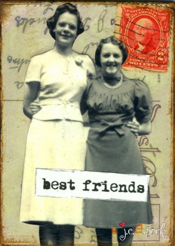 Altered Art:  Best Friends Vintage Ladies, 5x7 print - Whimsical Art, Mixed Media Art, Collage Art, Vintage photo, friend, girlfriend