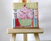 Mini Painting: Cotton Candy Cupcake 2x2, original painting, acrylic painting, mini original, cupcake art, mixed media original, pink, lime