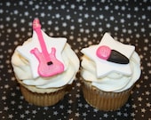 Fondant cupcake toppers Guitar and Microphone, Rock and Roll, Rocker girl