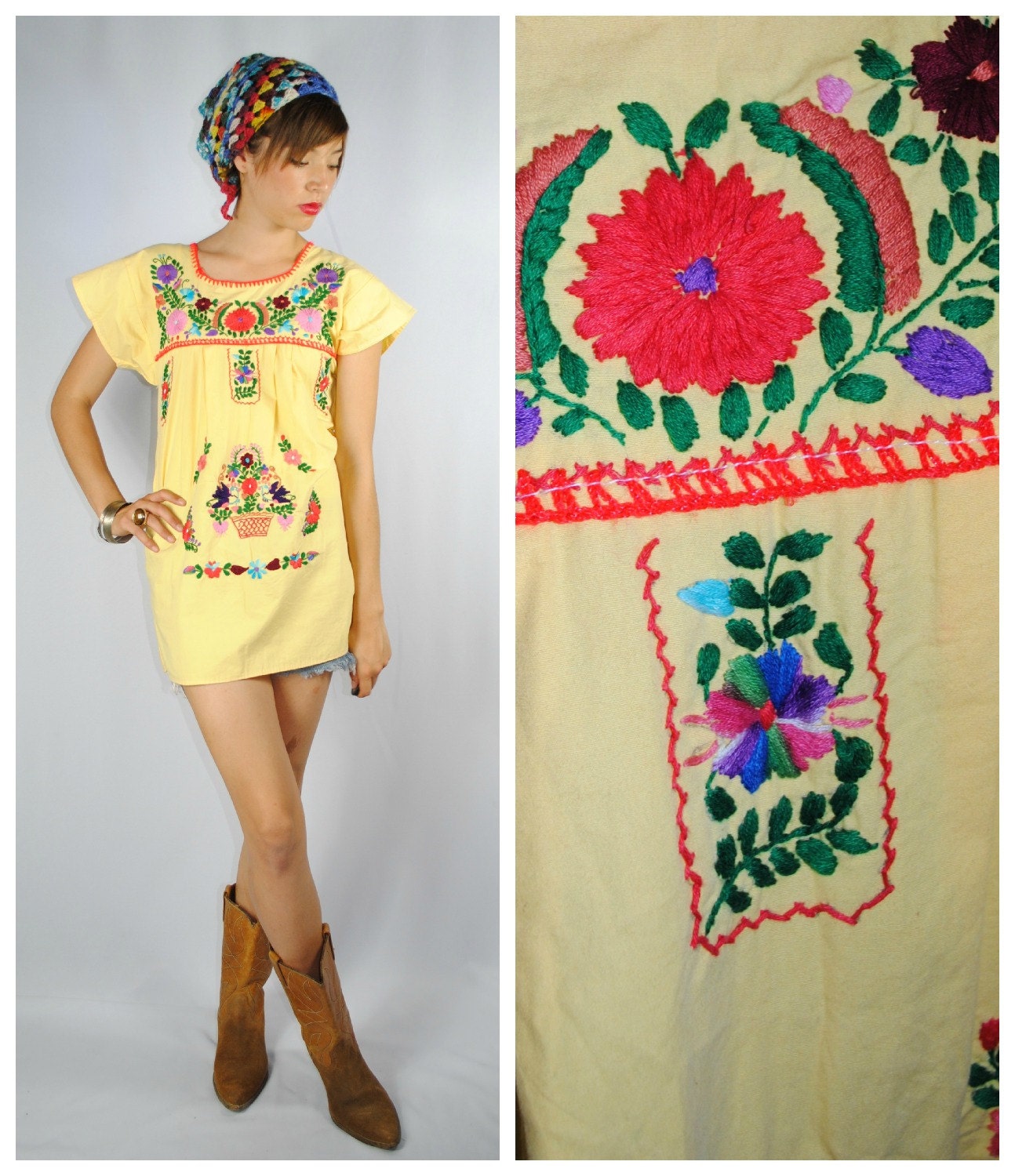 Vintage Yellow MEXICAN EMBROIDERED Peasant Top. (M)