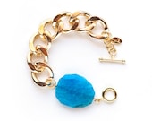 Chunky Gold Chain Link Bracelet with Turquoise Blue Agate