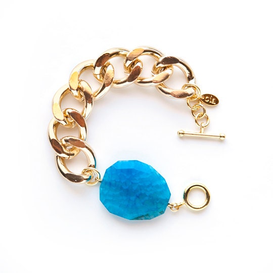 Chunky Gold Chain Link Bracelet with Turquoise Blue Agate