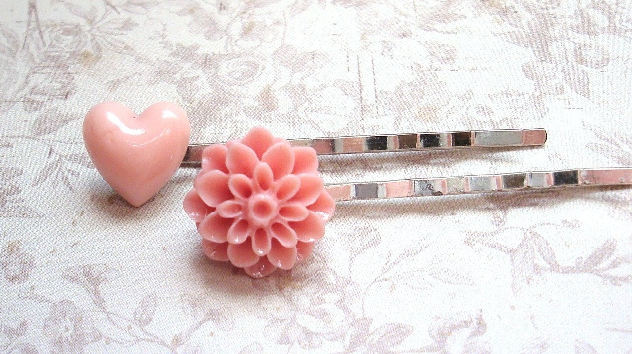 Coral Hair Flowers, Bobby Pins, Flower Hair Accessories, Hair Clips, Pink - Set of Two (2)