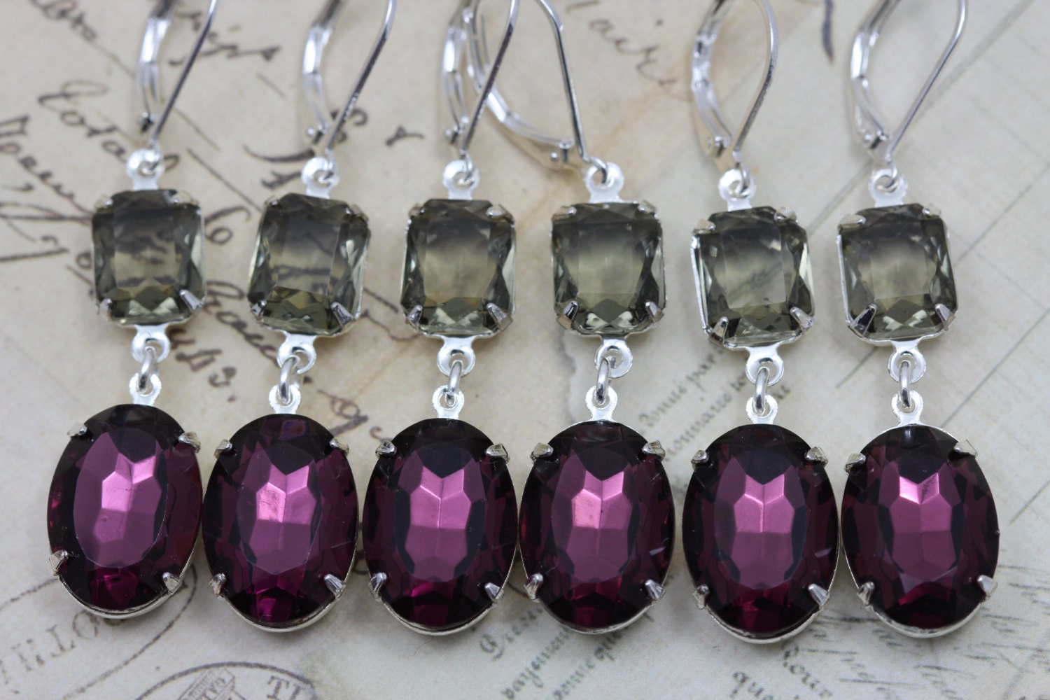 Purple Wedding Jewelry Silver Vintage Amethyst Bridesmaids Earrings Jewelry Set of 6 Black Diamond Grey