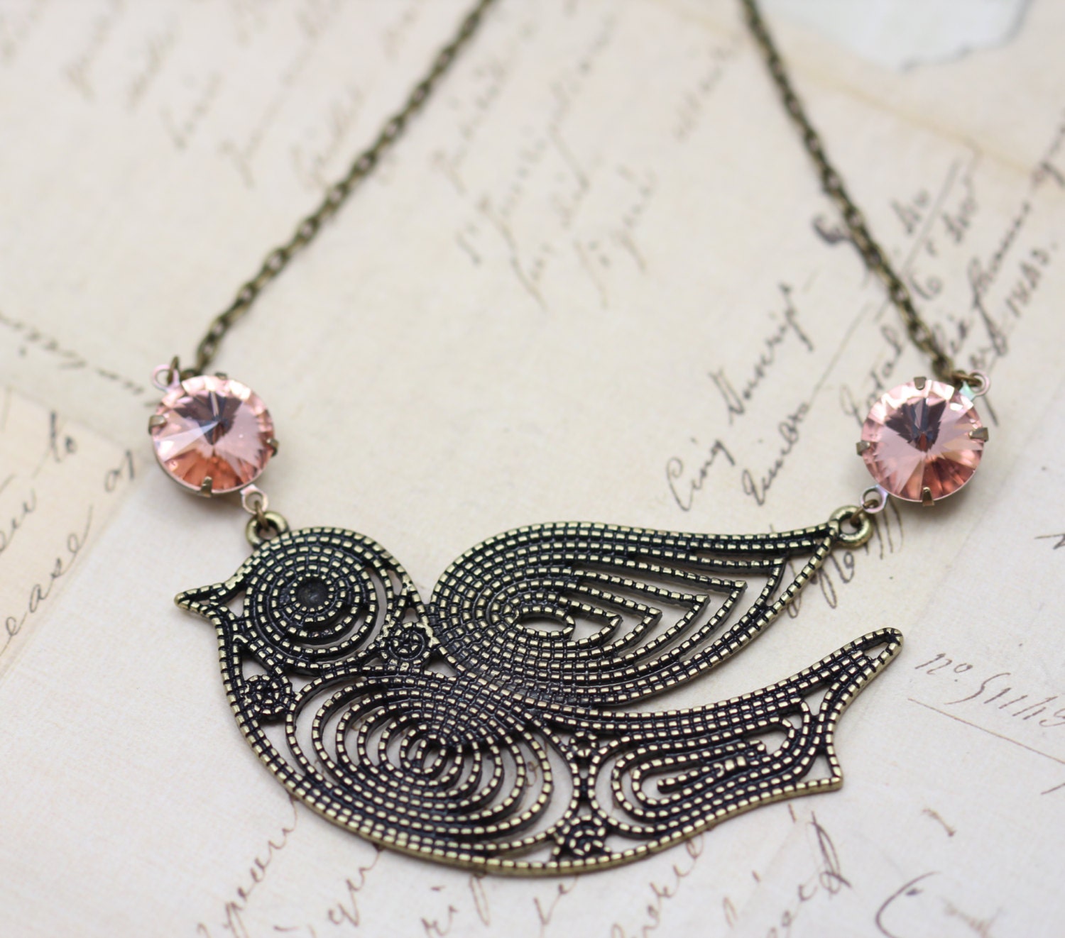 Bird Necklace Peach Pink Statement Necklace Retro Vintage Inspired Jewelry Antique Brass Necklace 16" Jewelry Necklace