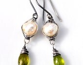 Ivory Druzy Pearl and Olive Green Vesuvianite Earrings in Oxidized Sterling Silver - Genuine Freshwater Pearl, Spring Fashion, For Her