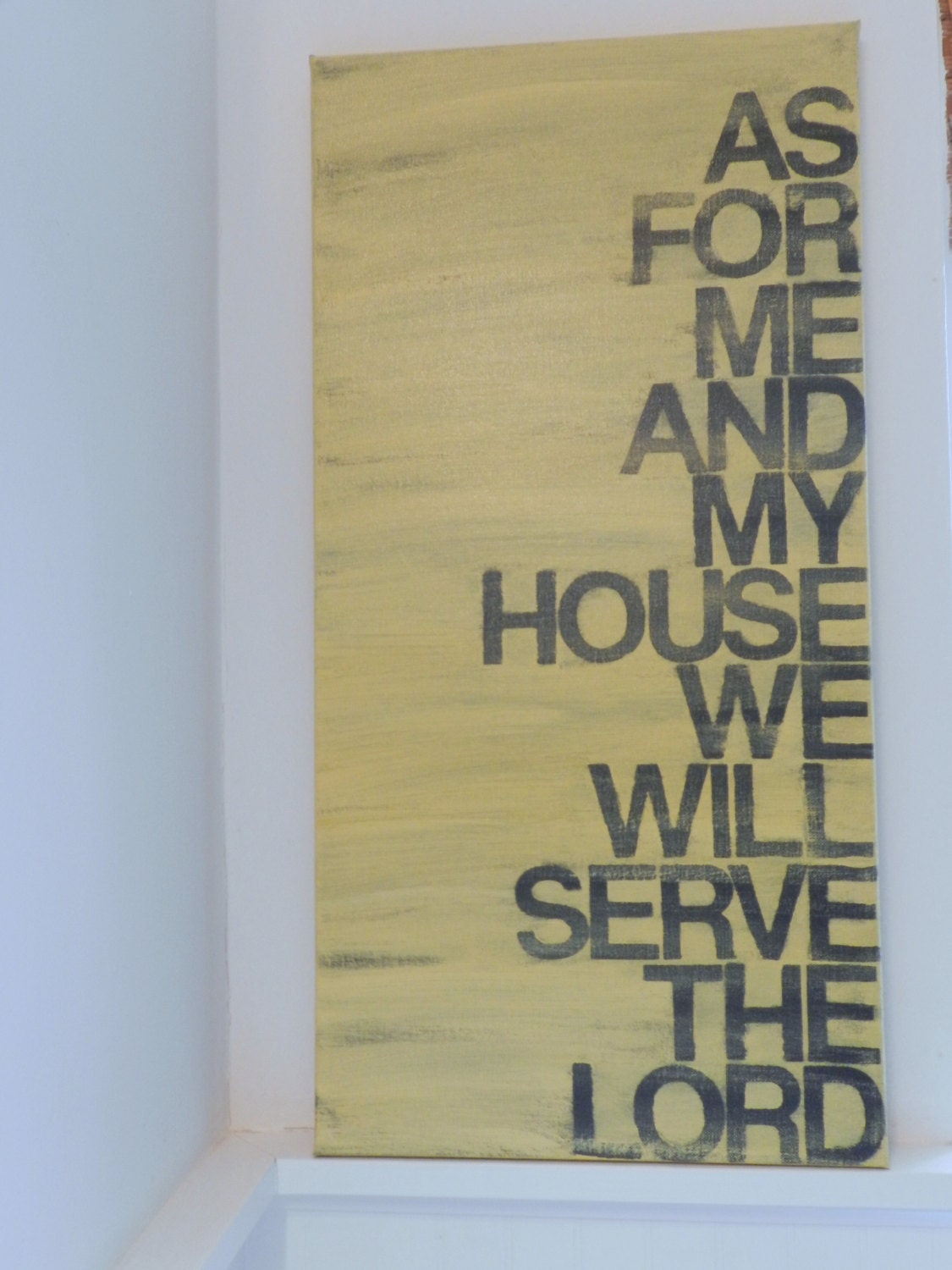 as for me and my house we will serve the Lord - 12x24 hand painted canvas sign - black and yellow - scripture art - subway art
