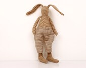 woodland Plush rabbit made from plaid Beige Brown wool  , wearing Striped linen pants  , timo- handmade fabric eco doll
