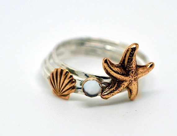 Seashell, Starfish, Gemstone, Stackable Sterling Silver Rings, Hammered Silver, Stacking, Nautical Rings, Seaside Rings