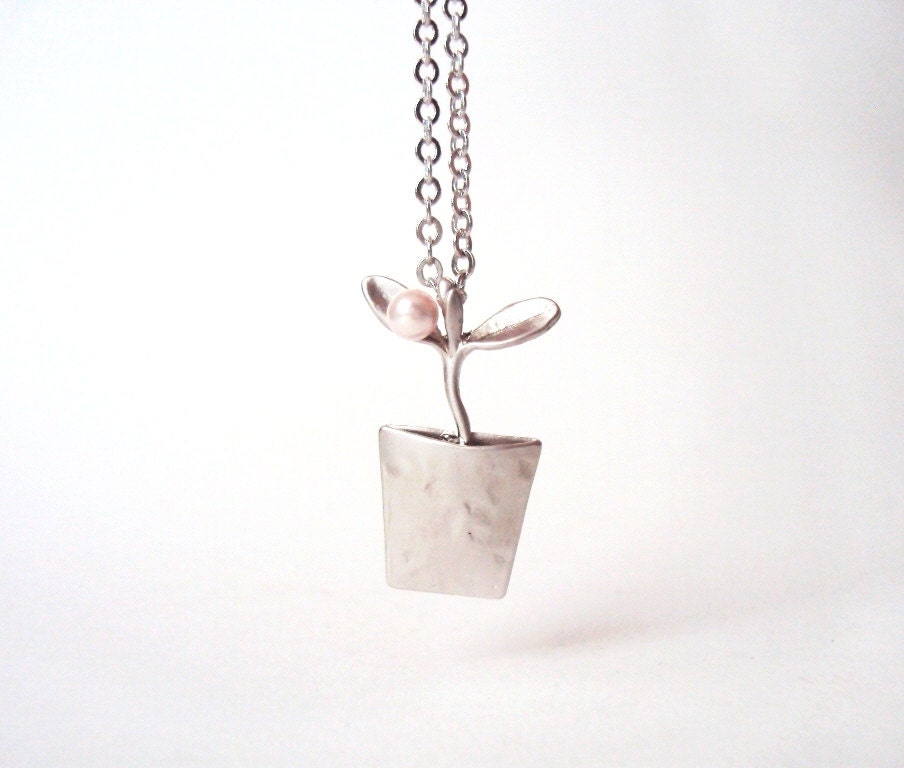 Silver Flower Necklace, Flower Pot Necklace, Flower Charm, Flower Pendant, Everyday Necklace, Pearl Necklace