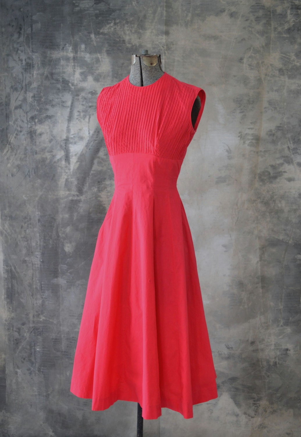 1950s Sweet Pin Tucked Red Cotton Dress