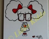 Original canvas painting Honey Retro girl bow rainbow red
