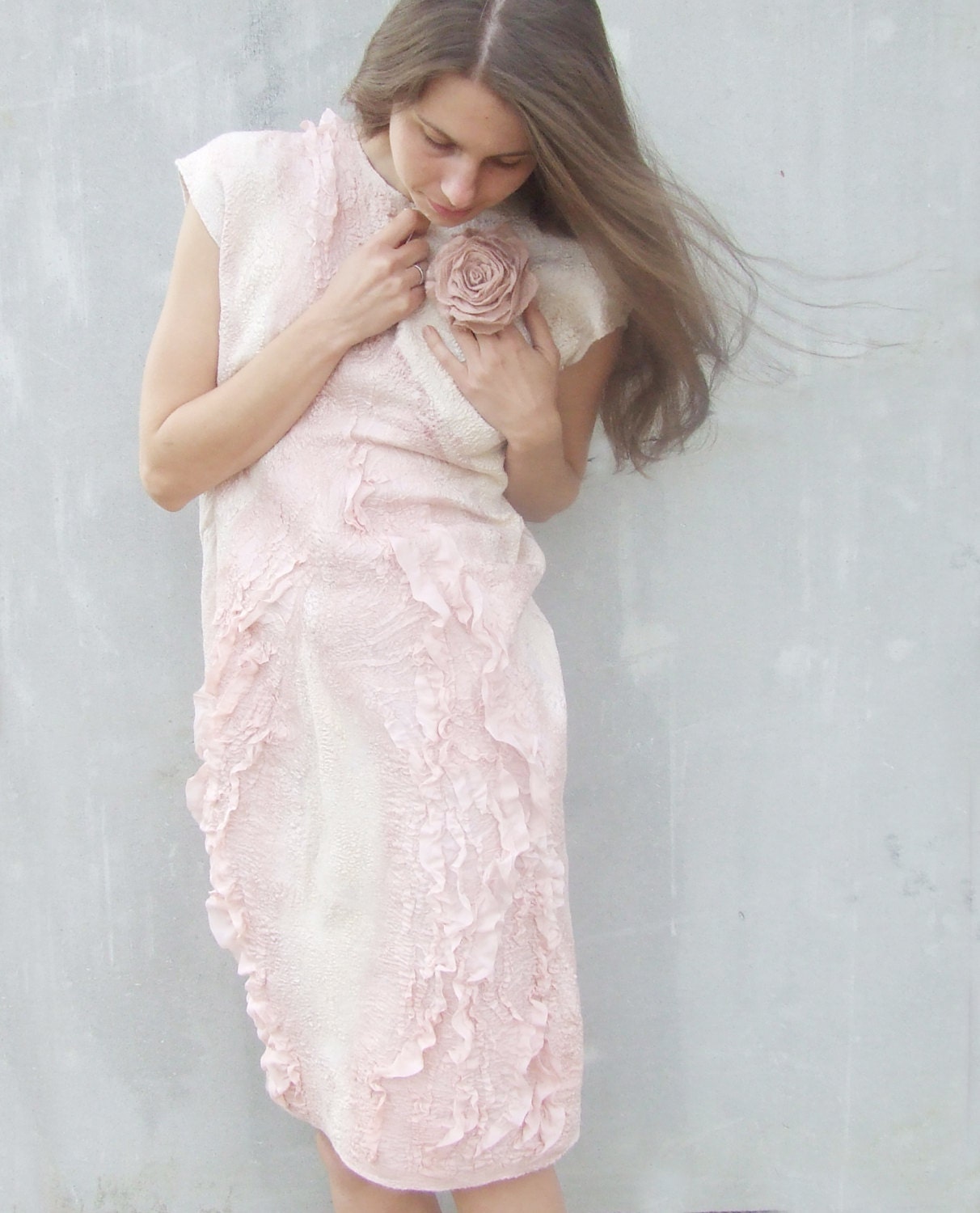 Pastel pink felted dress, cream ivory white and pink peach coral wool wedding dress summer fashion