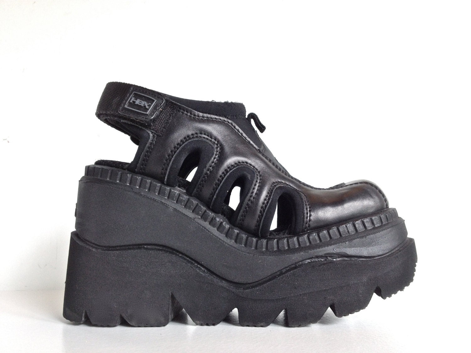 90's HEX by Andrea Sassetti Mega platform Wedge Cyber Cut out Sandals // 7.5