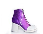 90's Metallic Purple Chunky Lace Up Sneaker High Heel Ankle Boots // 8