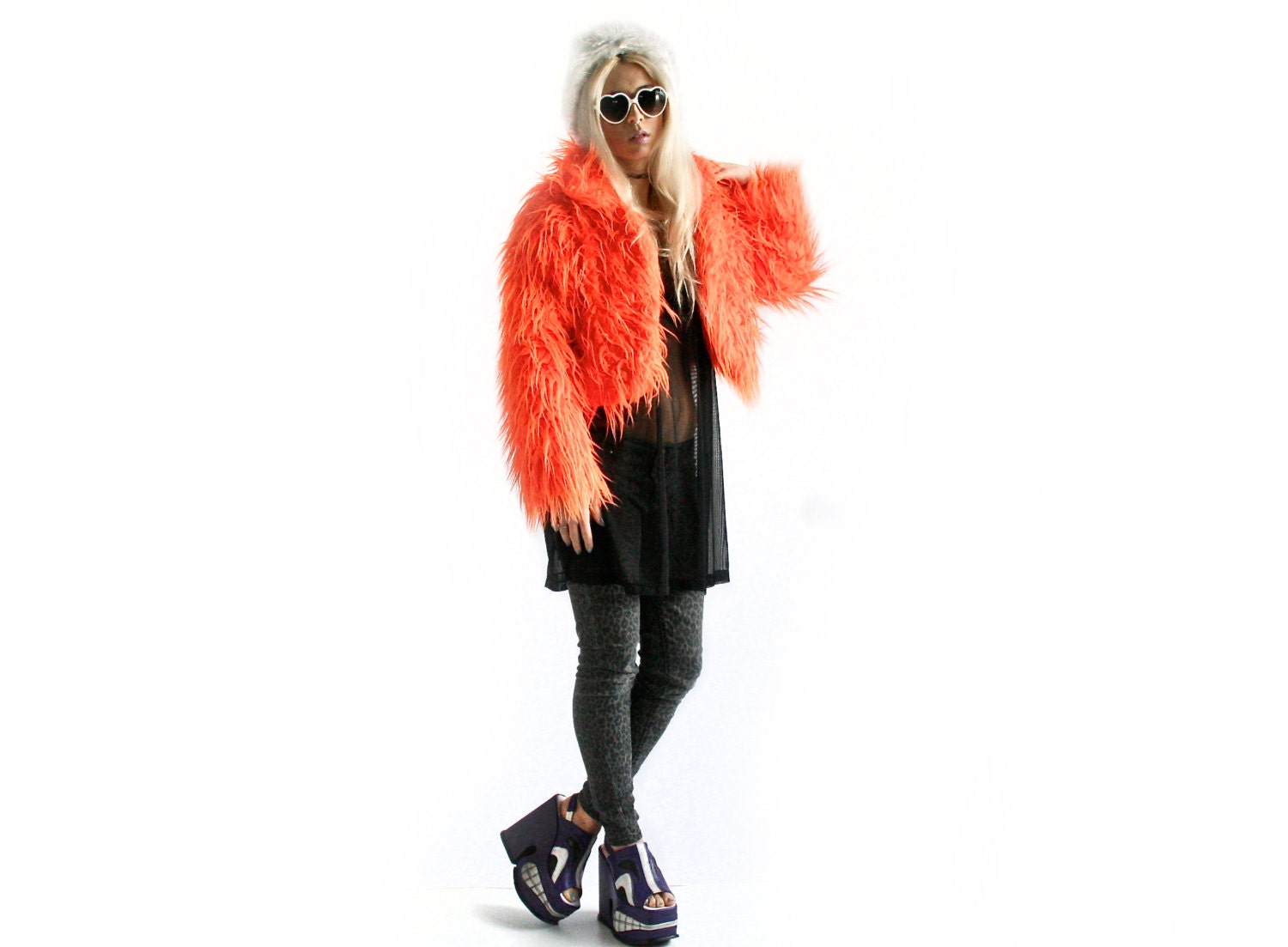 SALE // 90's Neon Orange Fuzzy Monster Faux Fur Cropped Coat