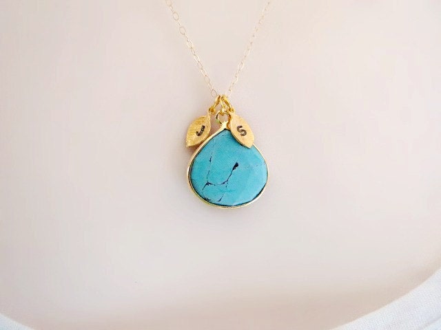 Genuine Turquoise Gemstone Necklace, Personalized Initial Necklace,