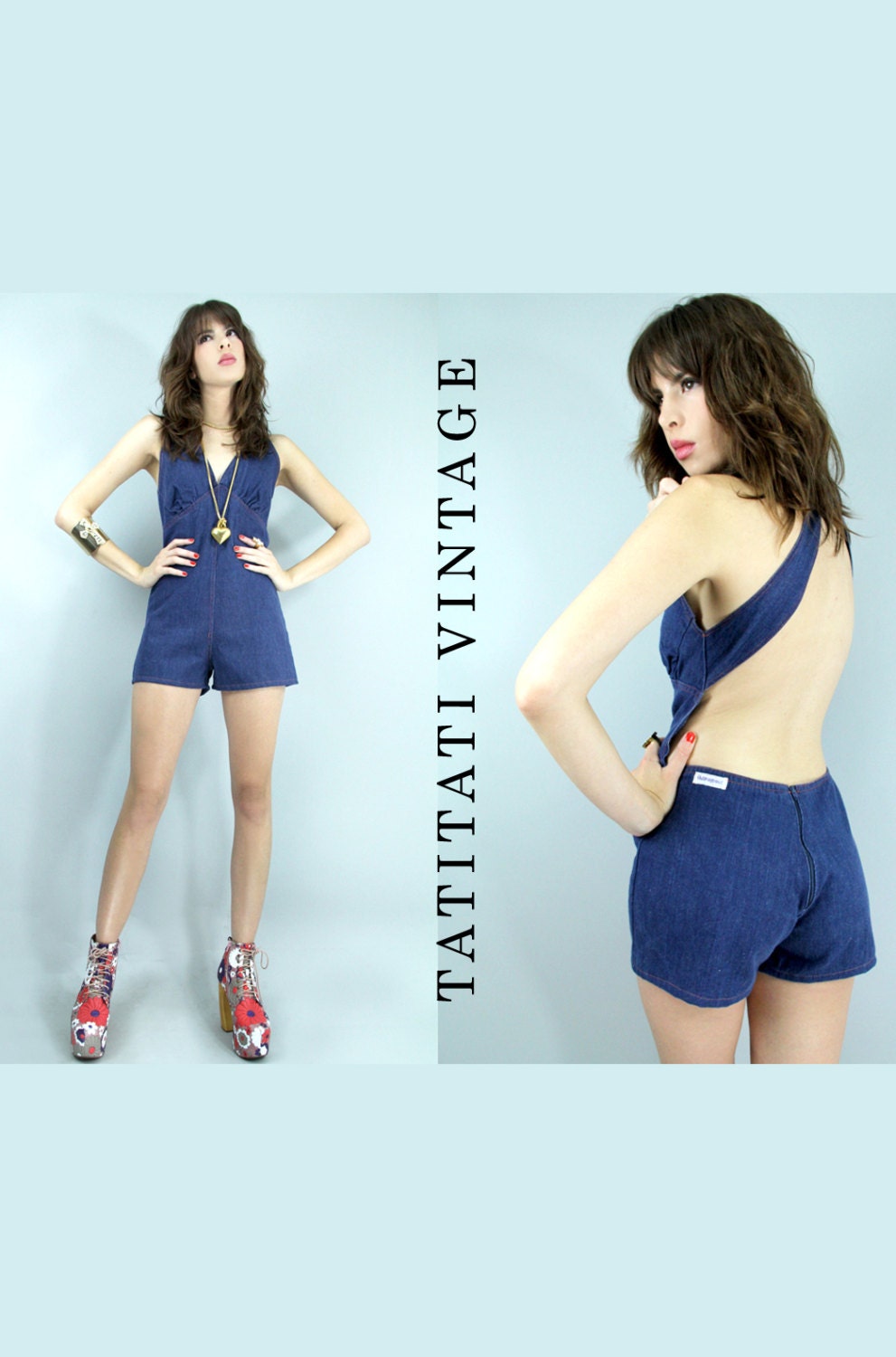 Vintage 70s OUTRAGEOUS Denim SHORT Jumper // Huge Open Back // Vintage Clothing by TatiTati Vintage on Etsy