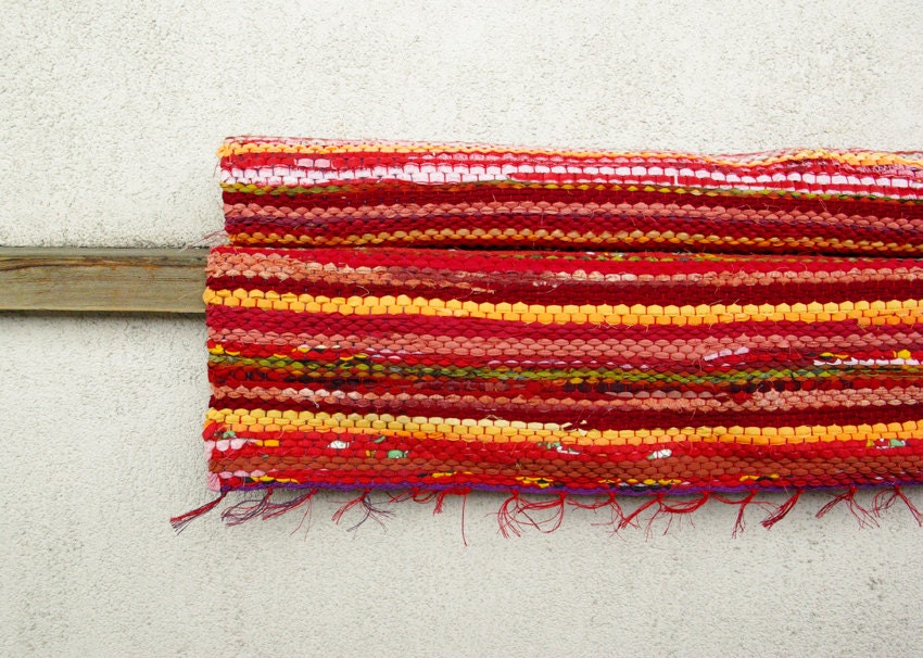 Hand woven Rag Rug -  red yellow orange 2.43' x 6.04'
