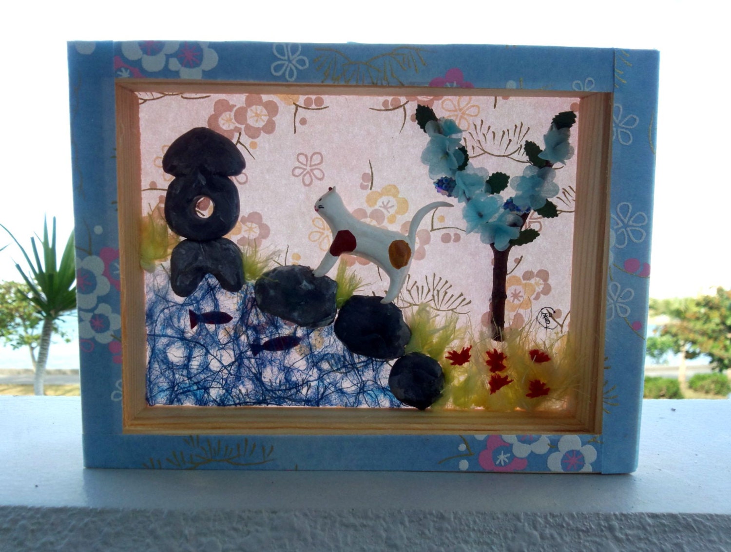 Polymer clay animal 3D picture - Curious cat peeking to the pond in Japanese garden  - Japanese paper flowers art - Shadow box art