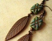 Feather Leaf Earrings - Copper - Turquoise - Tribal - Bohemian - Boho - Long