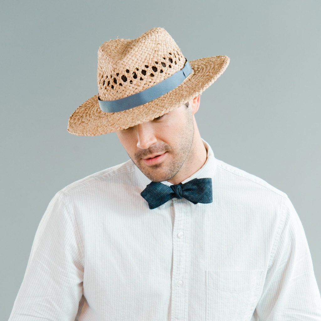 Mens Straw Fedora Hat with Open Weave Crown