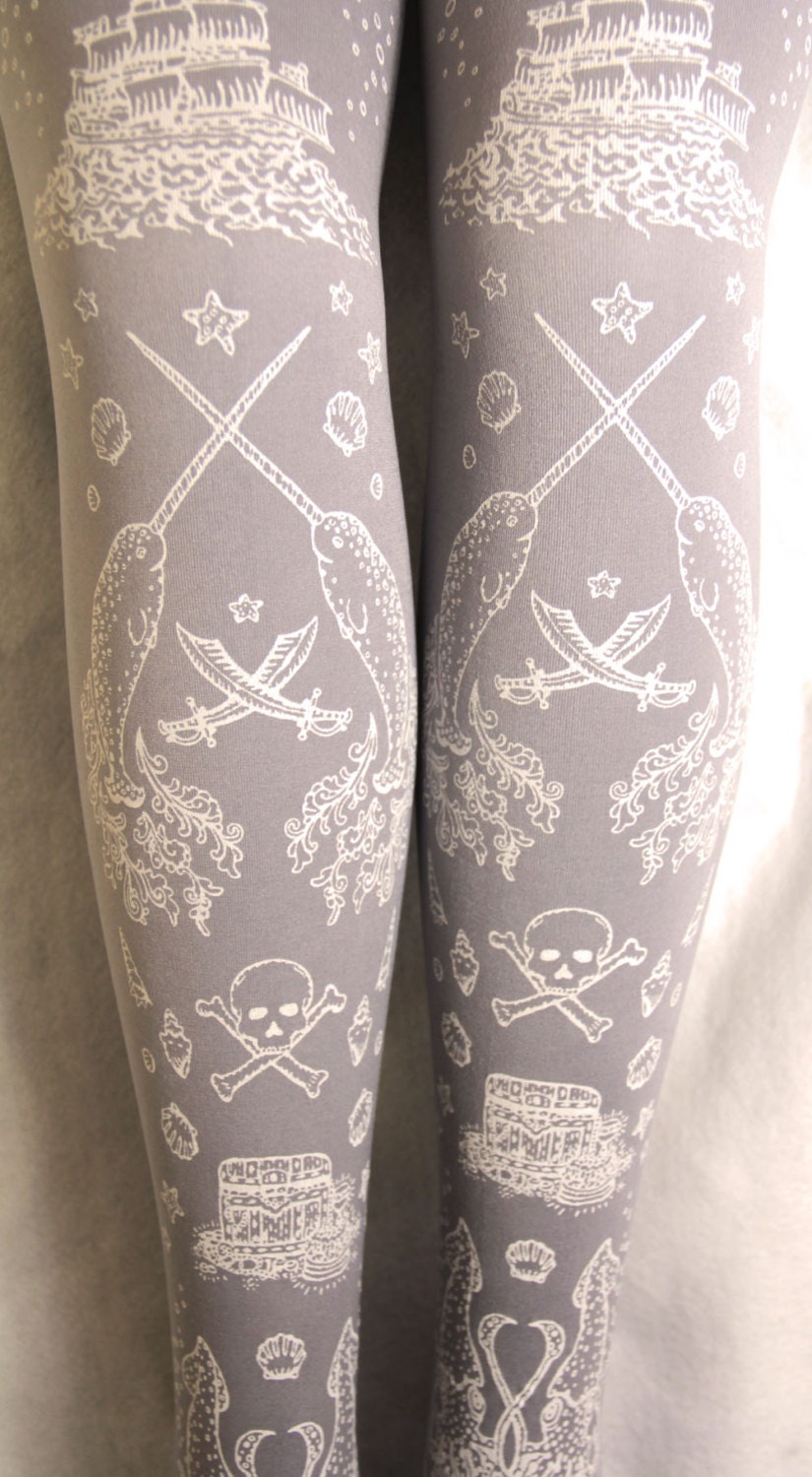 Pirate Printed Tights Nautical Extra Large Plus Size White on Dove Grey Women