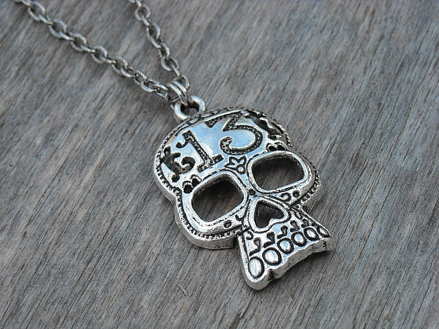 Lucky 13 Silver Skull Necklace, Day of the Dead, Dia de los Muertos, Punk Rock, Rock n Roll, Heavy Metal, Rock and Roll, Punk,