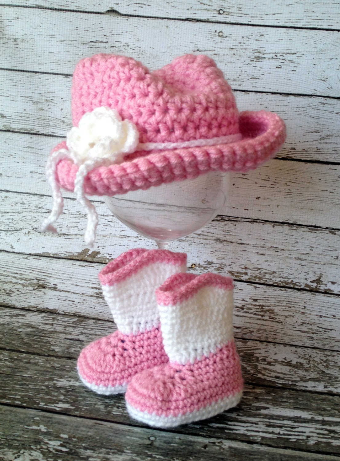 Little Miss Cowboy Hat  in Pink and White with Matching Boots Available in 0-3 Month Size- MADE TO ORDER