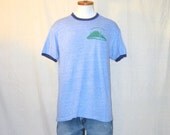 Vintage Burnout 70s DISTRESSED RINGER Summit Lake Graphic Heather Blue Paper Thin Buttery Soft Faded Hanes Large Poly Cotton T-SHIRT