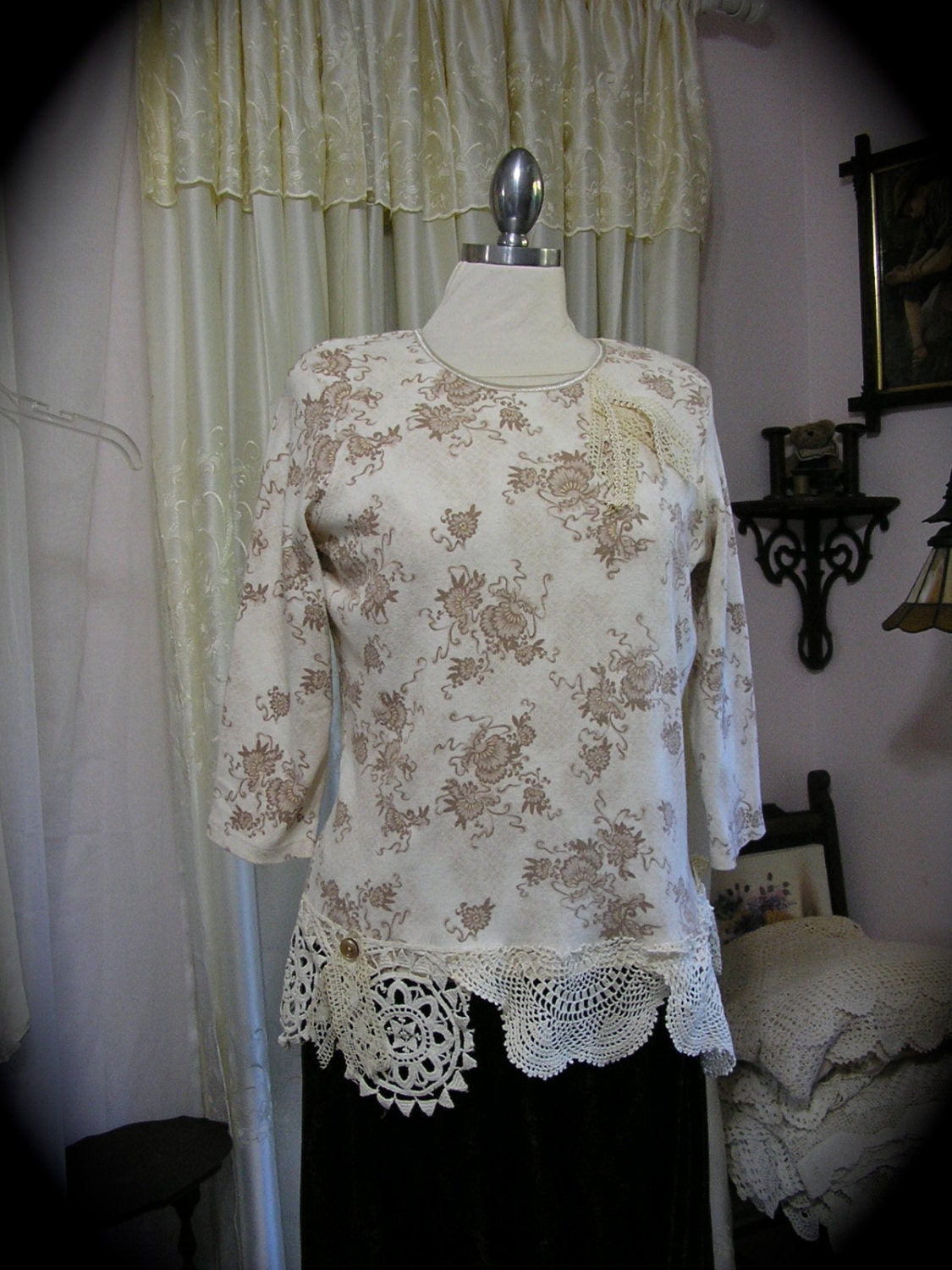 Shabby Cottage Top, romantic victorian shabby and chic style, vintage doily tattered lace trim embellish creme  LARGE