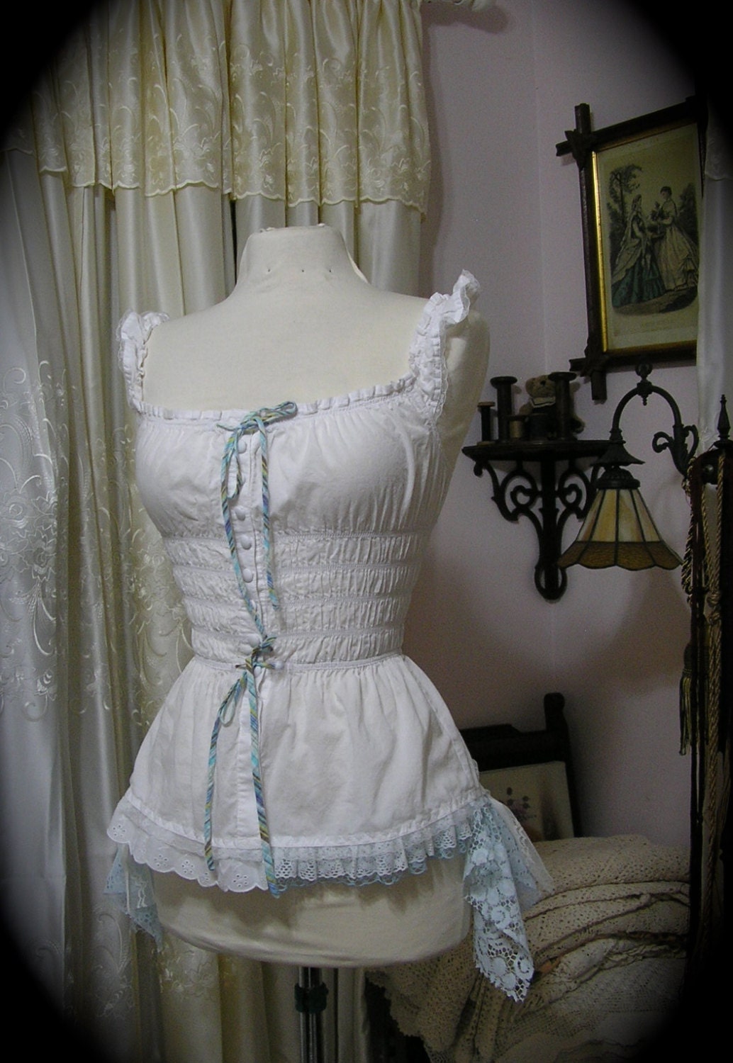 Romantic Camisole Top, buttons up elastic waist, white cotton blouse, shabby lace ruffles, PETITE SMALL or Junior Large