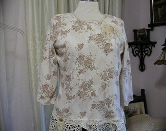 Shabby Cottage Top, romantic victorian shabby and chic style, vintage doily tattered lace trim embellish creme  LARGE