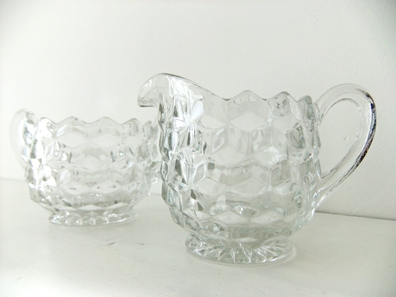 Vintage Fostoria American Pressed Glass Sugar and Cream Set - Glass milk jug and sugar bowl - afternoon tea - tea for two