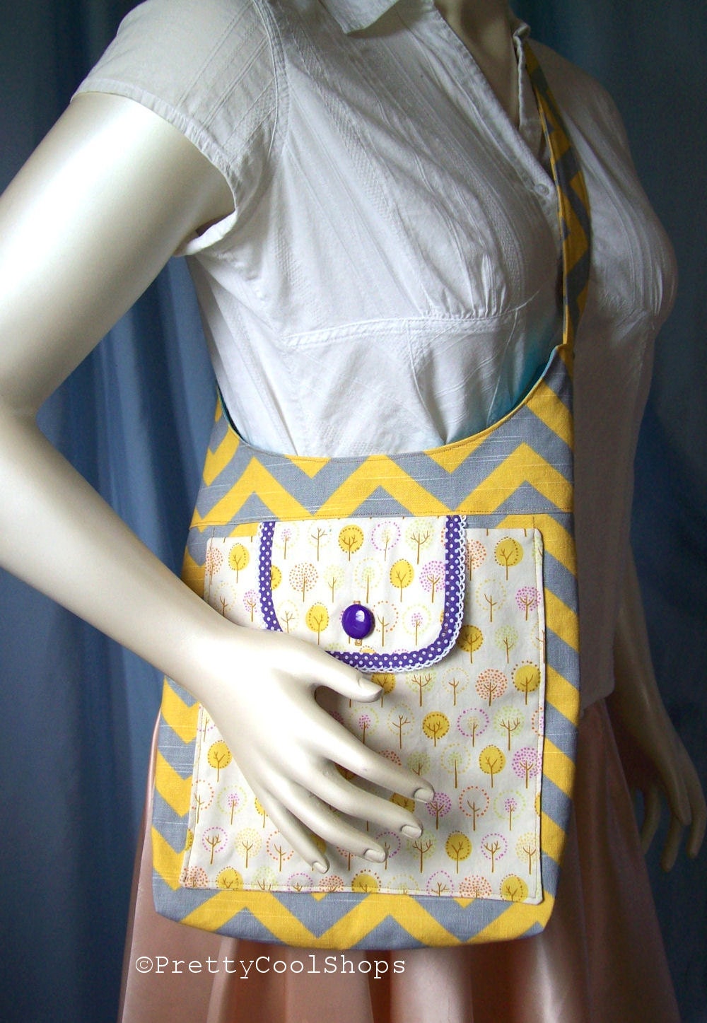 large reversible tote, handmade Bag of Holding, long strap, grey chevron, cross body bag, large pockets, purse, diaper bag, weekender