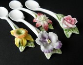 Six Piece Porcelain Spoons Collection with hand applied Flower Decoration / Coffe, Tea, Desert, Canapé, Demitasse / Lily, Rose, Daffodil, Pa