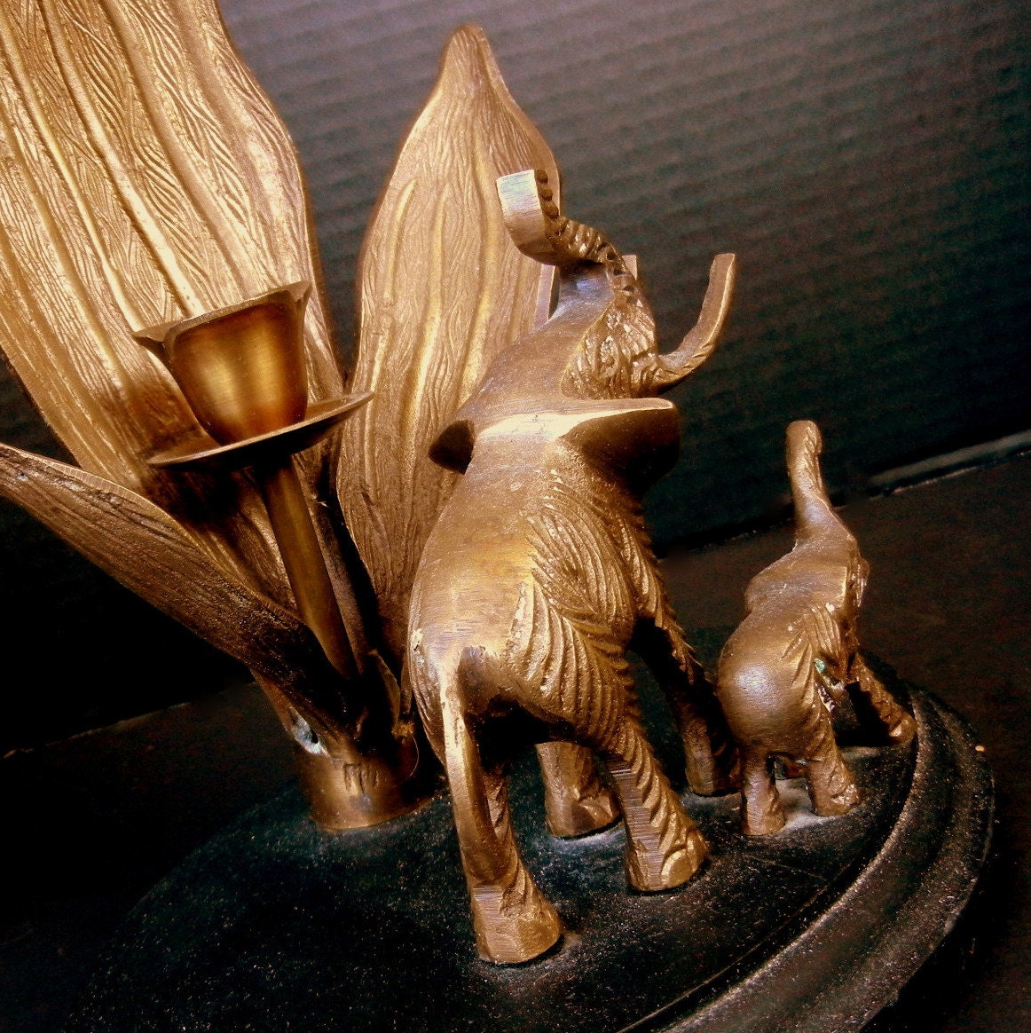 ELEPHANT CANDLE STICK /  Antique Brass with Black Wood Base / Mother, Child , Leaves / 12" high