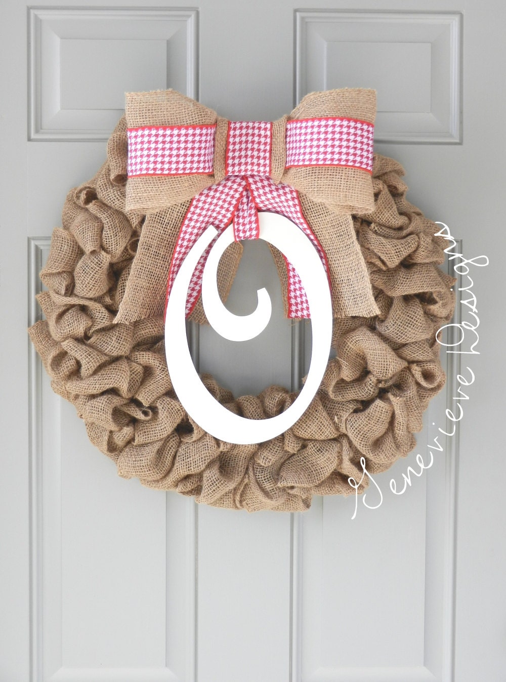 Burlap Wreath - Monogram & Red Herringbone Bow - Summer Wreath, Front Door, Baby Wreath, Hospital Wreath, Wedding Gift, Initial Wreath
