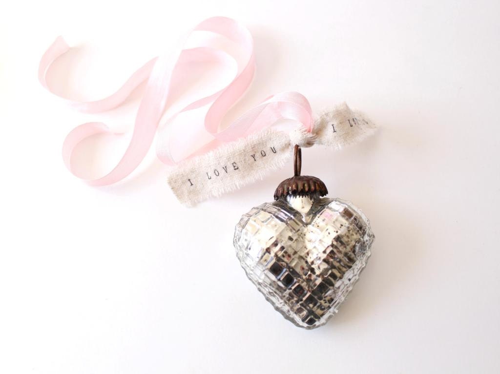 Shabby Chic Wedding Decor Mecury Glass Heart personalized ribbon i love you ribbon shabby chic wedding favors home decor wedding gift