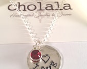 Handstamped necklace - LOVE and a heart on Sterling Silver tag and Swarovski crystal and chain