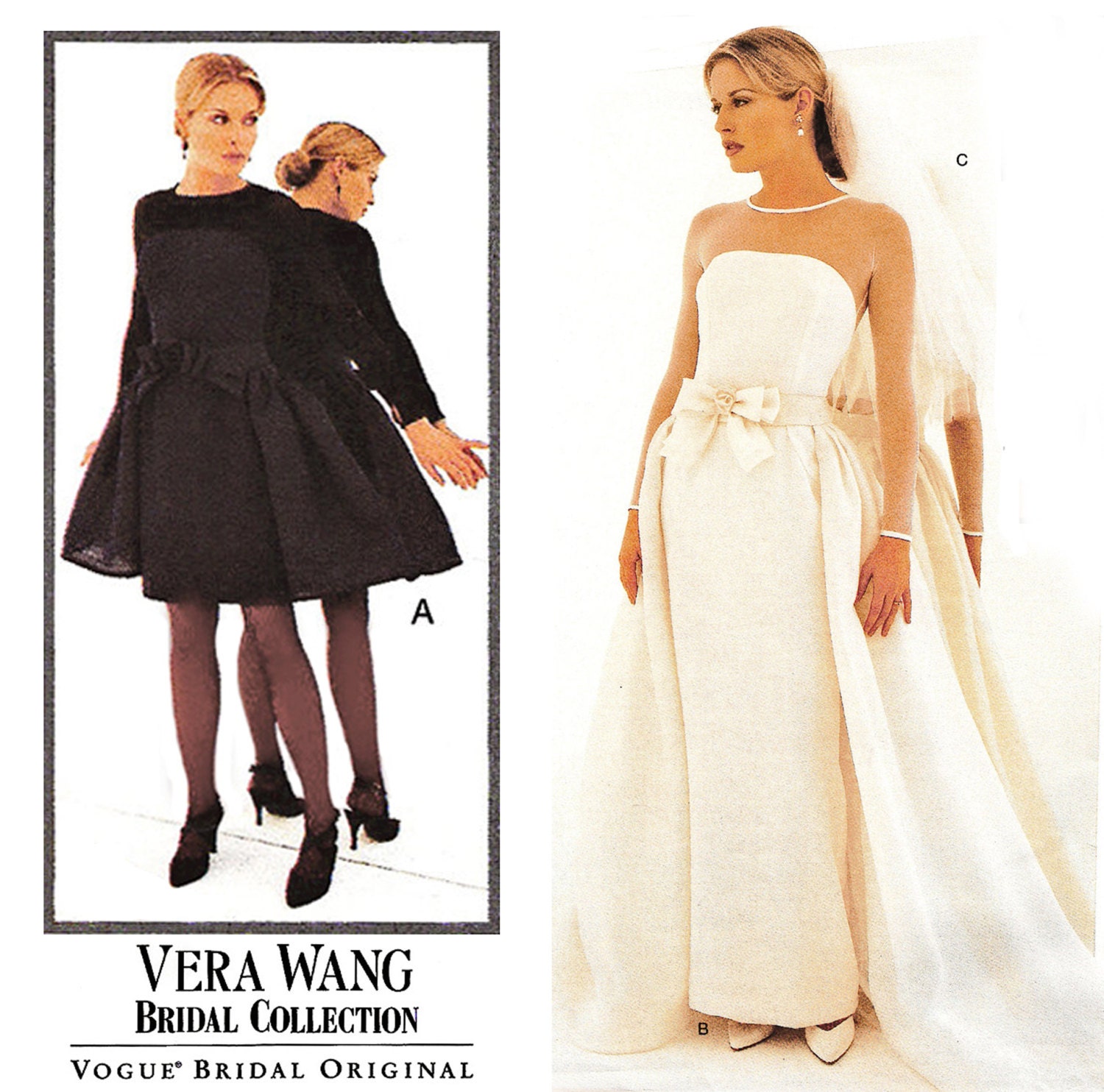1995 Vera Wang Bridal Collection, Vogue Bridal Original 1583, Sheath Dress with Shaped Seaming, Overskirt/Train Option, Size 14-16-18, Uncut