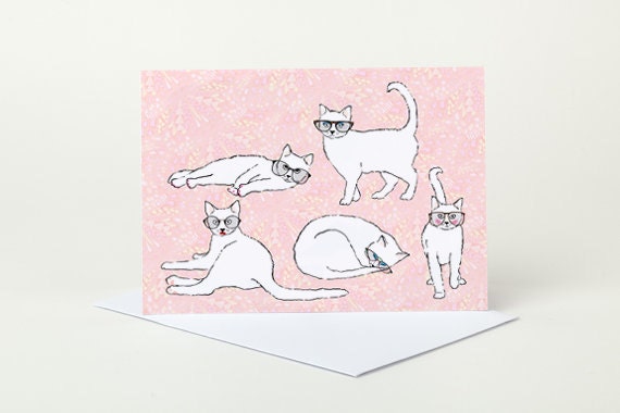 Cats in Glasses Greeting Card (geek, nerd, white cats)