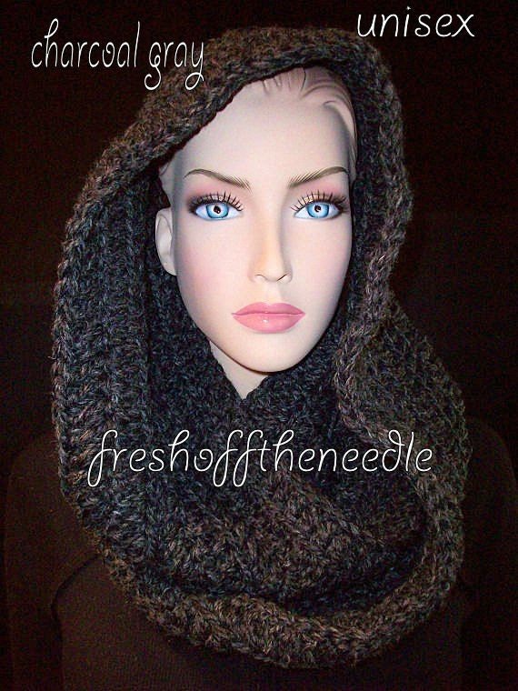 Chunky Infinity Crocheted Black  Gray Grey Black  Mens or Womens Charcoal Infinity Scarf Unisex