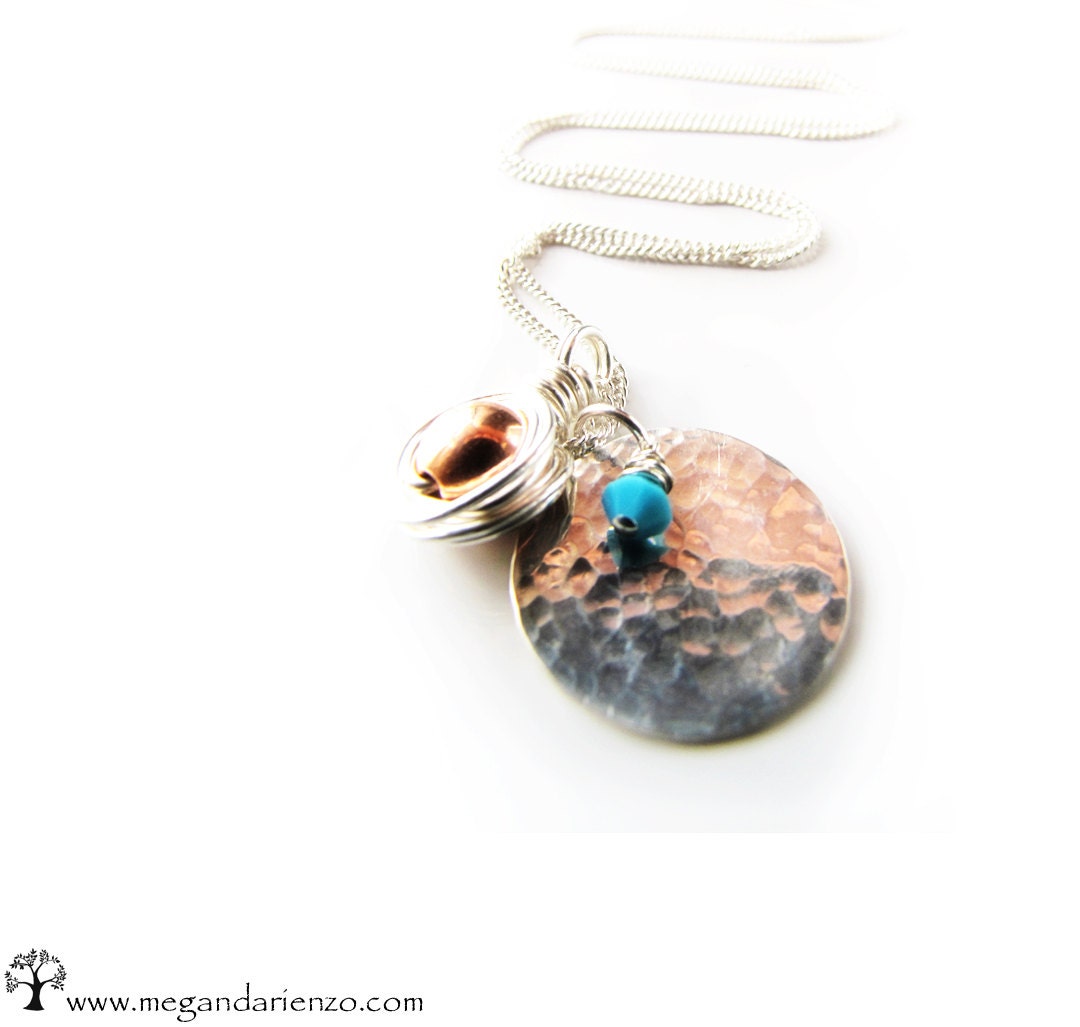 Hammered Silver Disc and Copper Wire Wrapped Charm Necklace,  Turquoise Crystal
