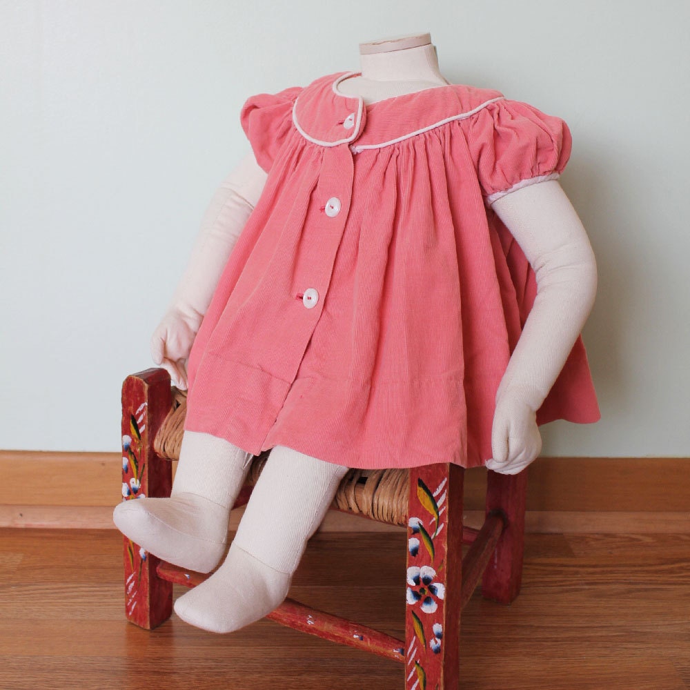 Gorgeous 1950's Smock Style Pink Corduroy Dress, 6-12 month size