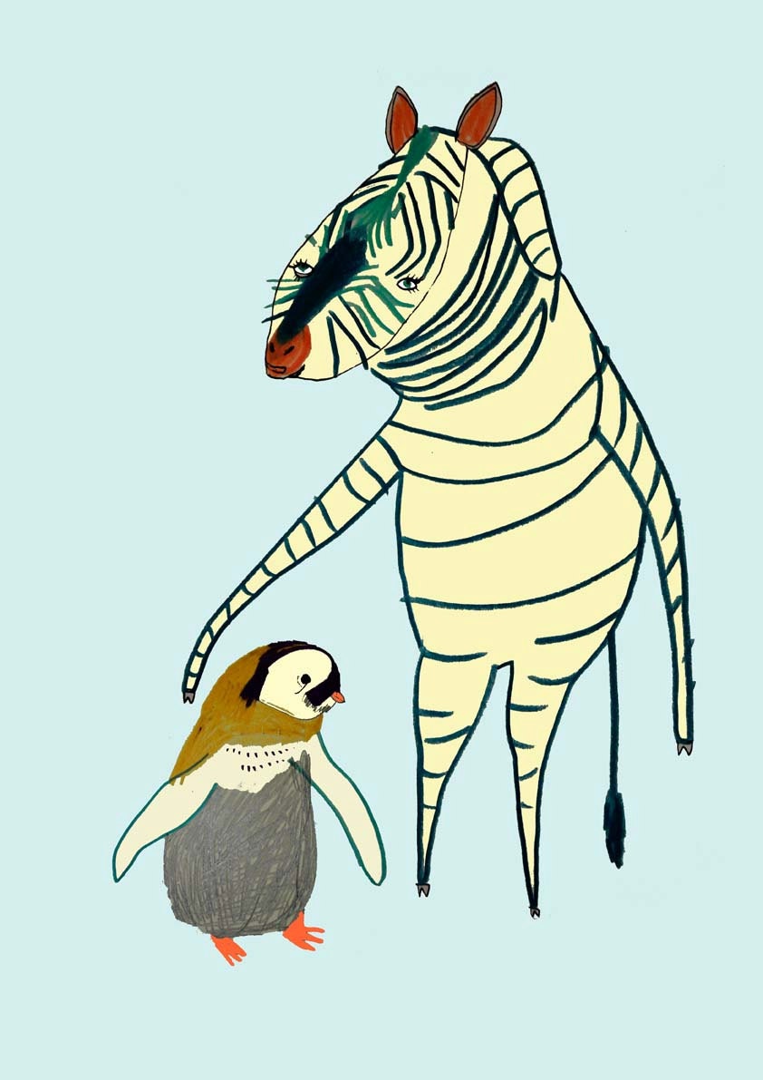 Zebra and Penguin. Children's Illustration, Art Print from original Drawing.