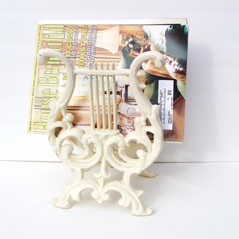 Heavy Metal Magazine Holder  Industrial Chic White Record Rack Wrought Iron Stand Door Stop